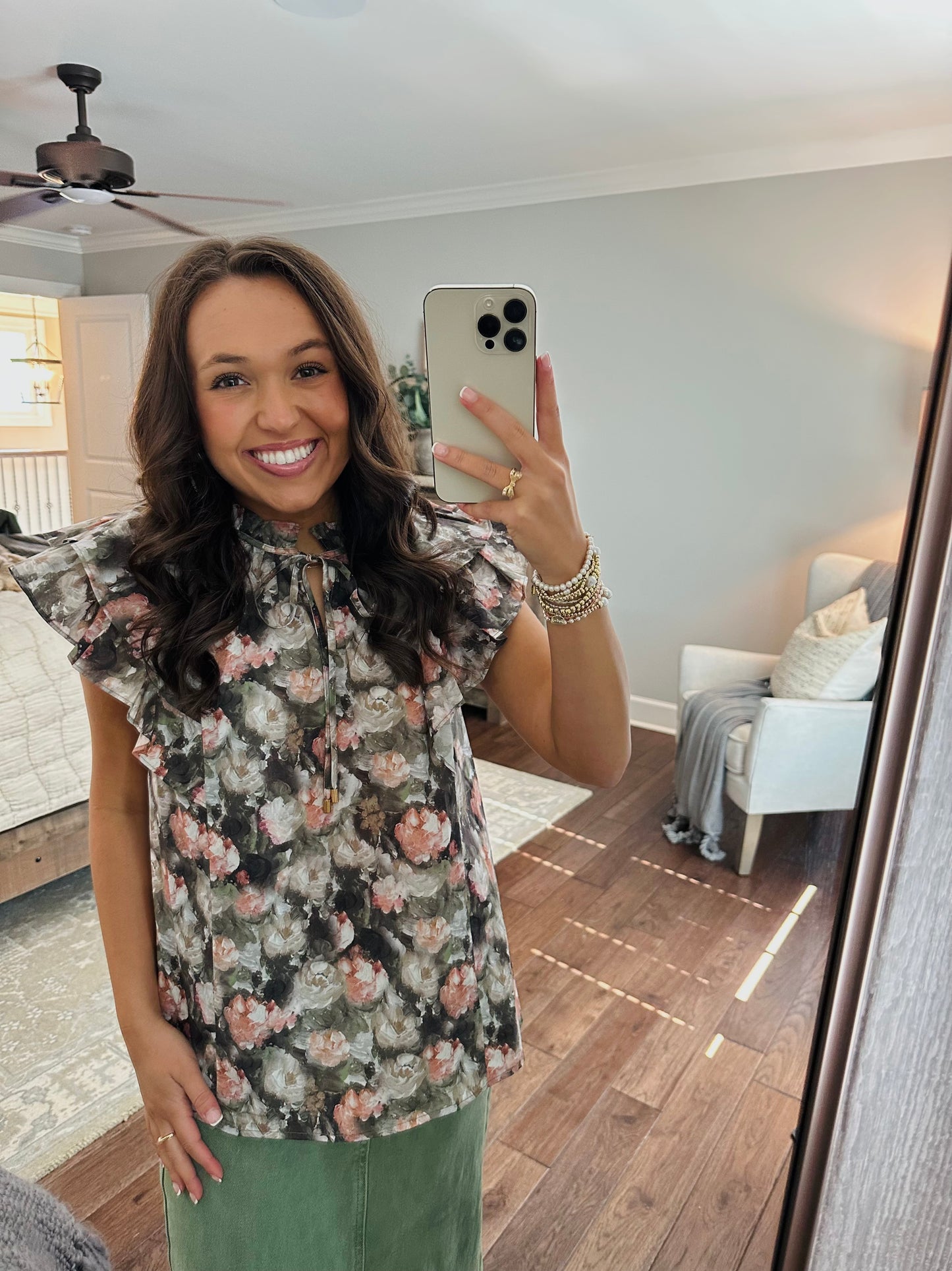The Drew Olive Green Floral Top