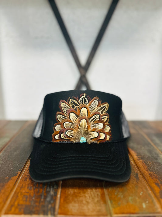 Black Feather + Turquoise Stone Trucker Hat
