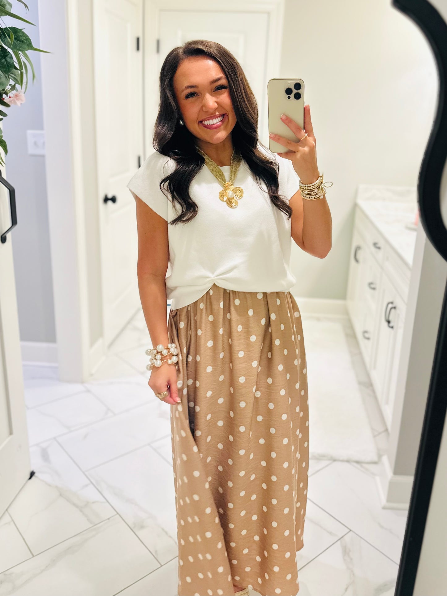 The Lennon Cream Tan Layered Polka Dot Midi Dress