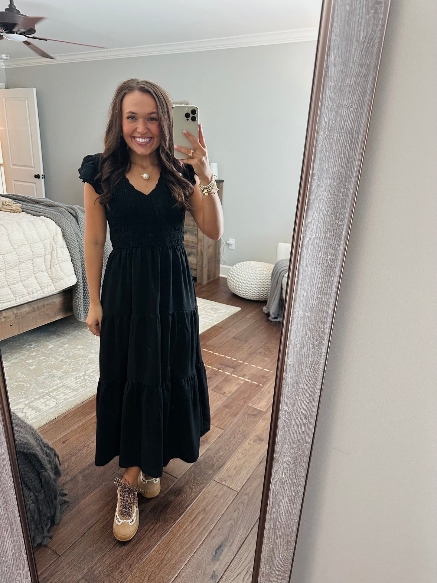 The Maple Black Flutter Sleeve Smocked Midi Dress
