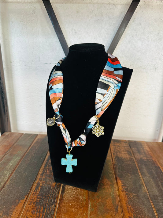 Golden Oasis Cross Silk Scarf Necklace