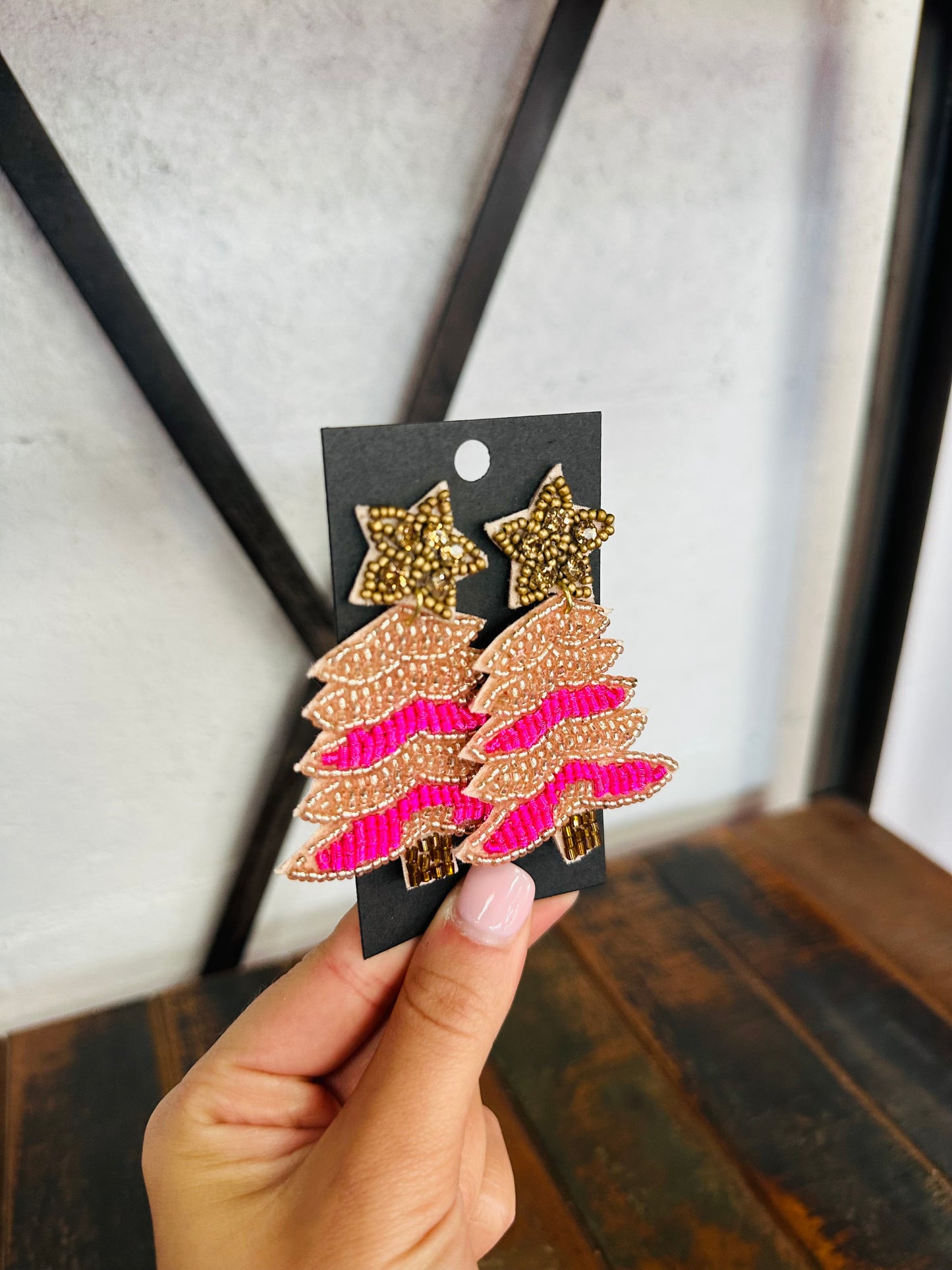 Brown + Pink Christmas Tree Beaded Earring