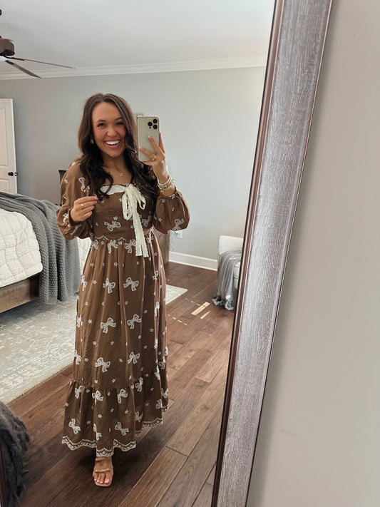 The Bruna Brown Bow Embroidered Midi Dress