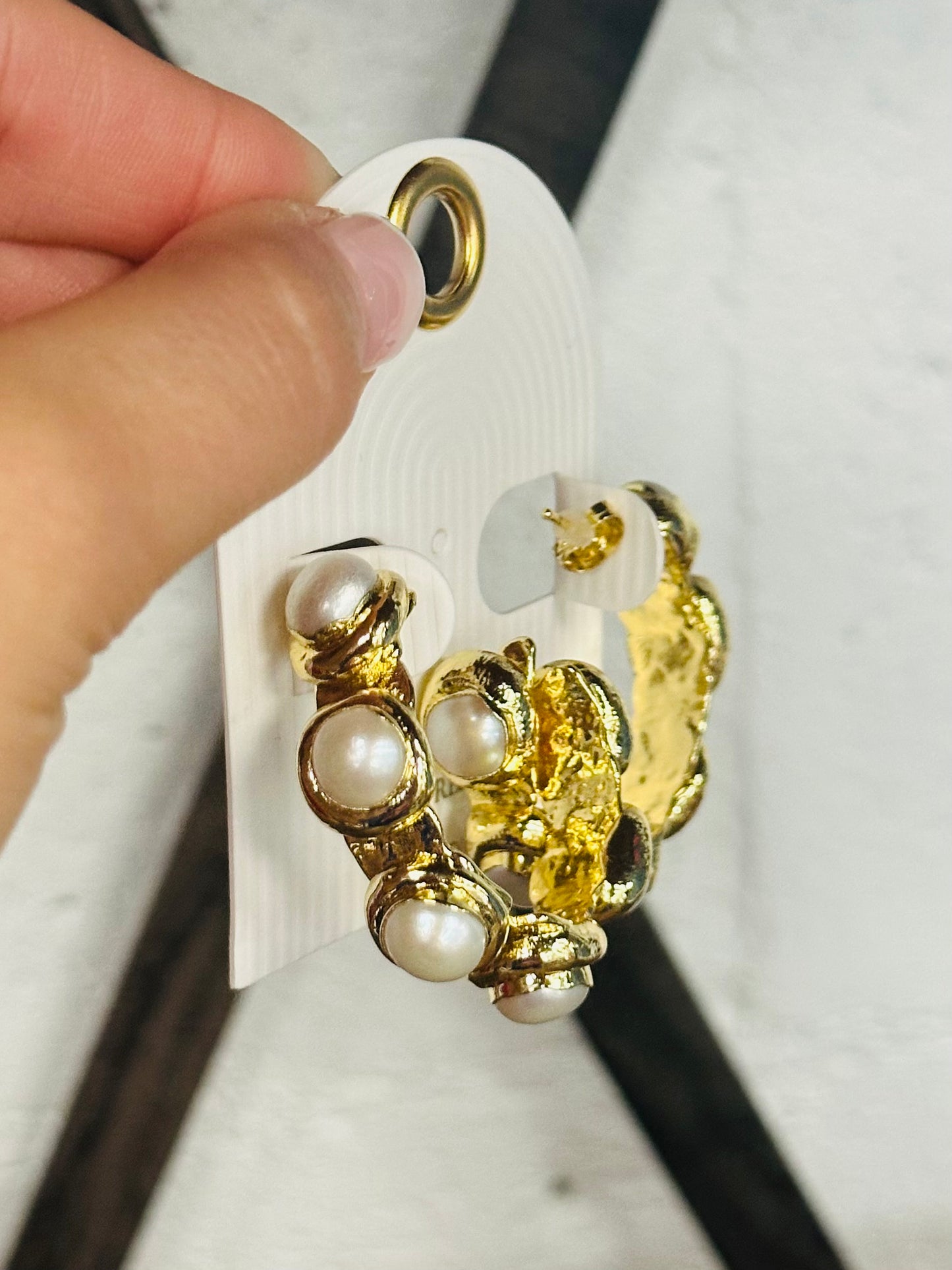 18K Gold Dipped Cream + Gold Pearl Station Hoops