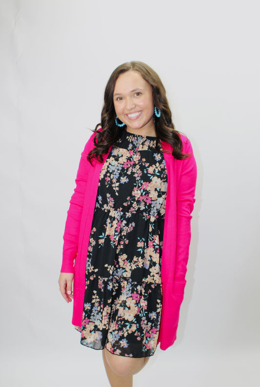 Hot Pink Open Front Pocket Cardigan