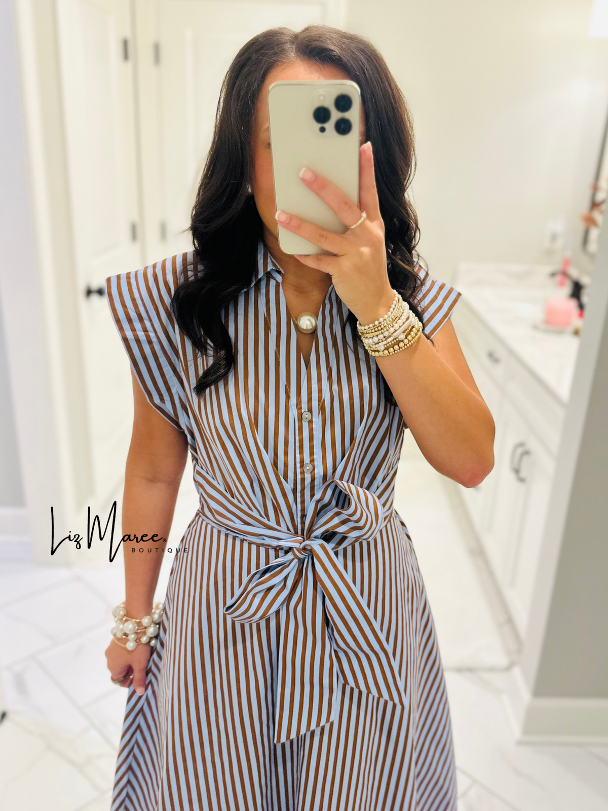 The Charity Blue + Brown Striped Midi Dress