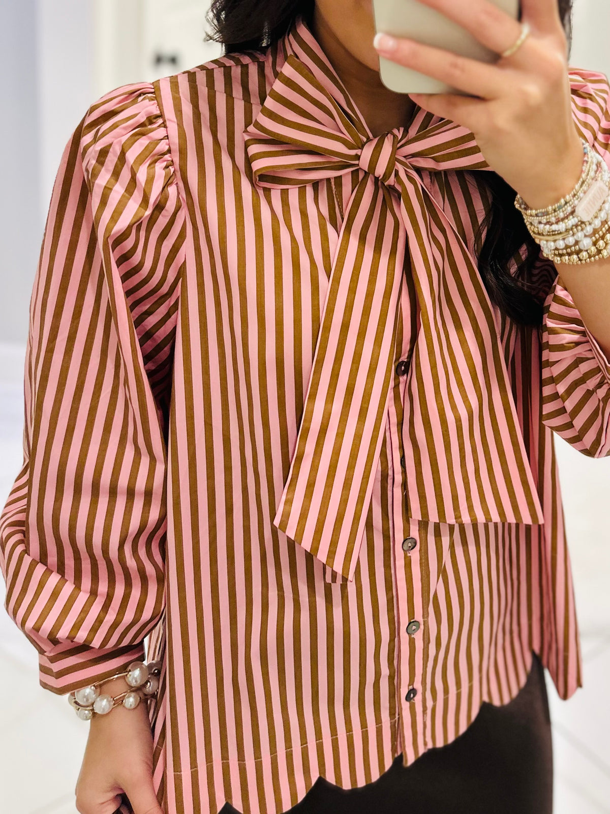 The Shelby Pink + Brown Striped Bow Top