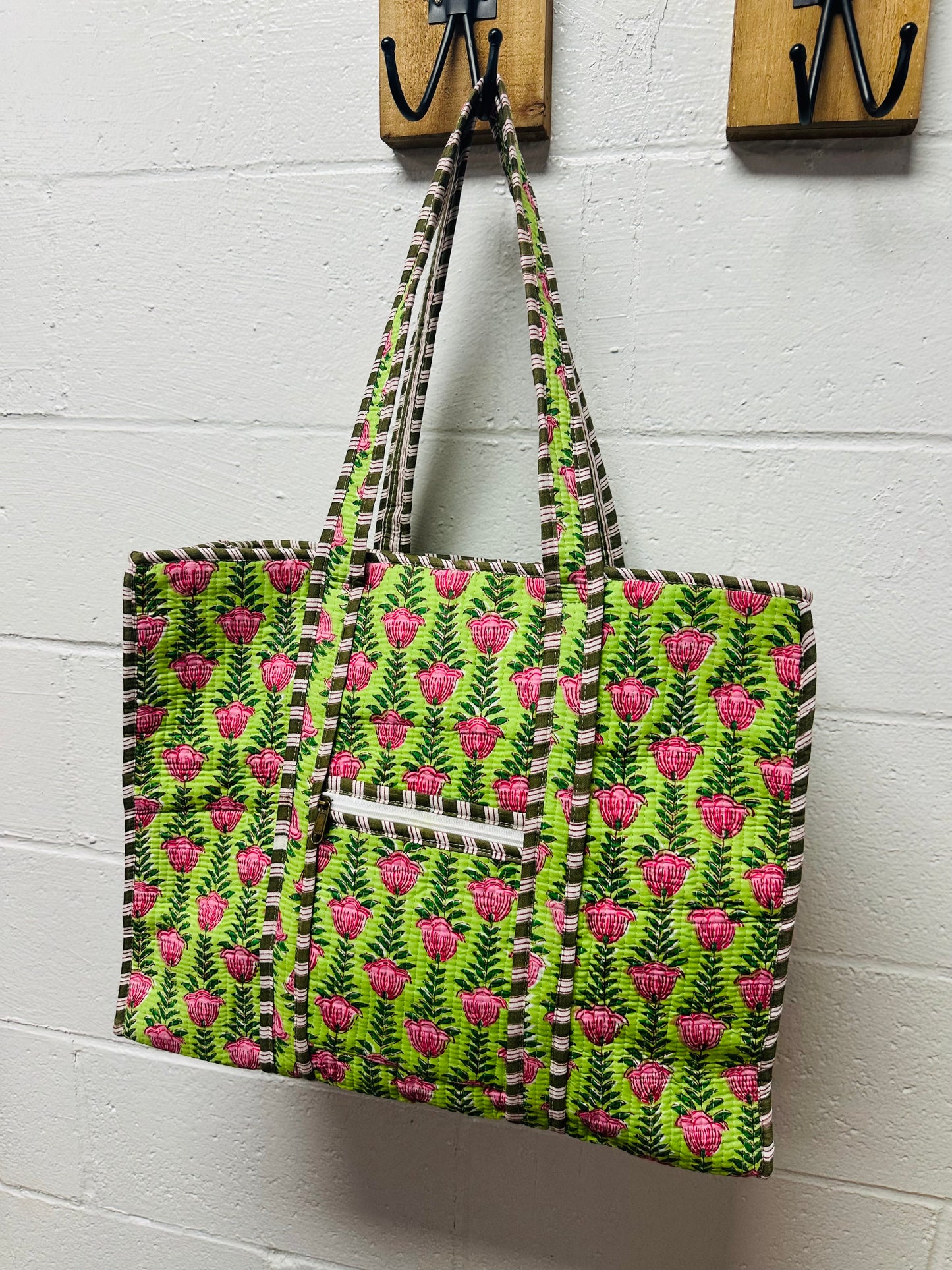 The Green + Pink Ivy Floral Quilted Tote Bag