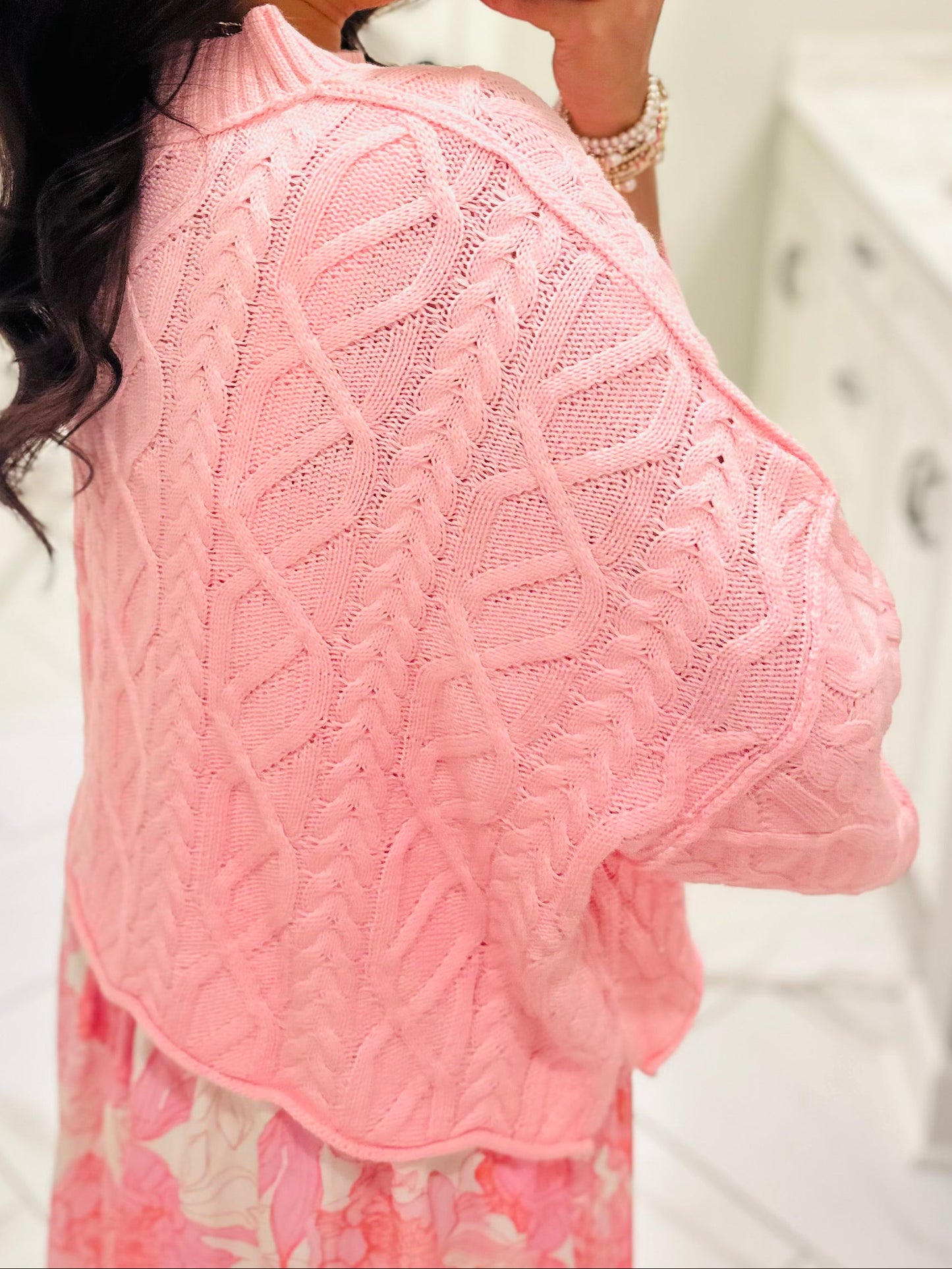 The Eliza Pink Chunky Ribbed Knit Cable Sweater