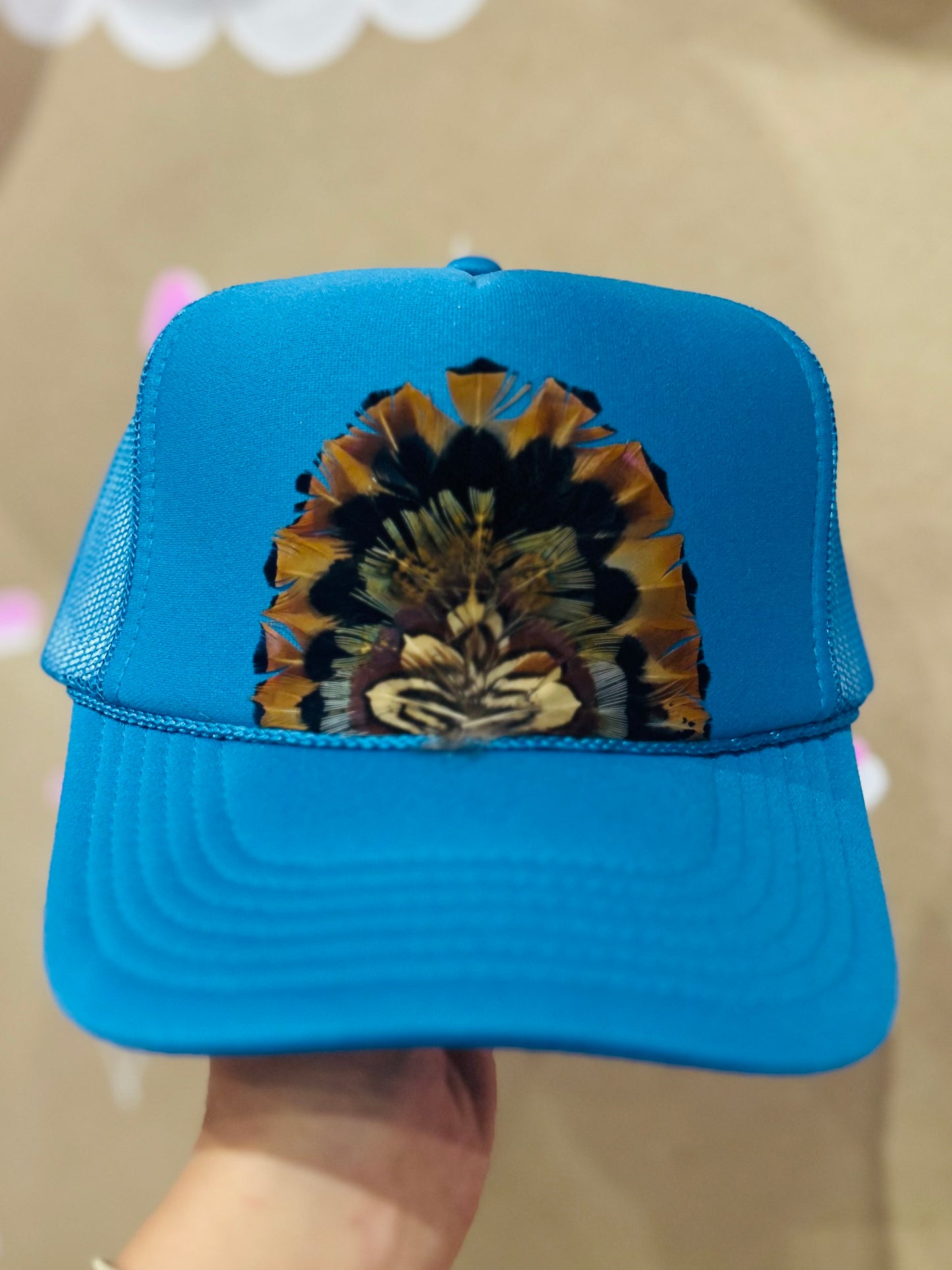 Aqua Blue Feather Trucker Hat