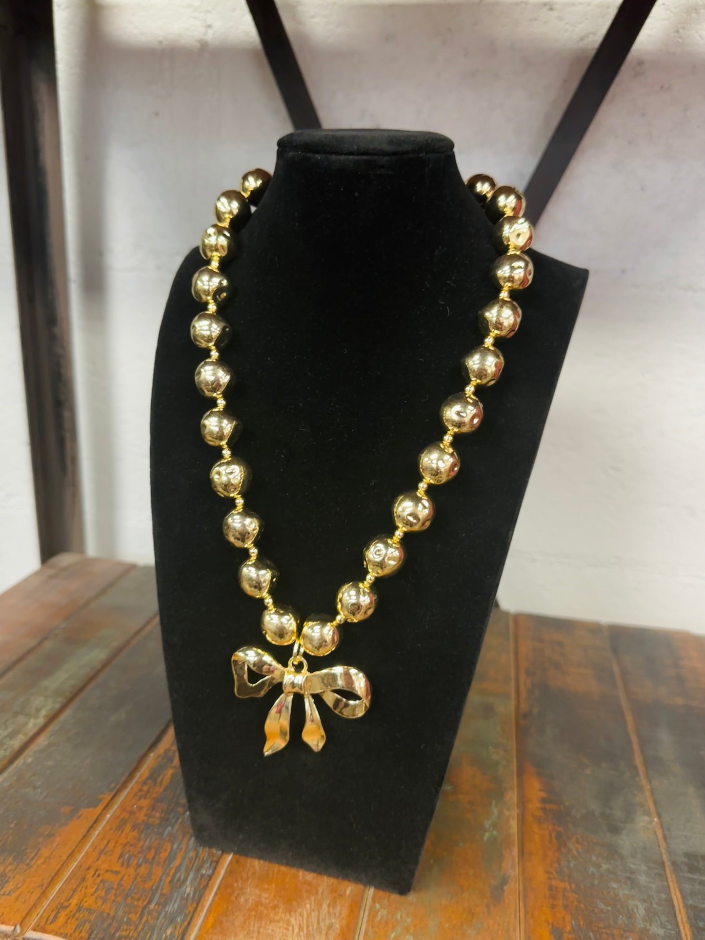 Gold Bow Ball Beaded Statement Necklace