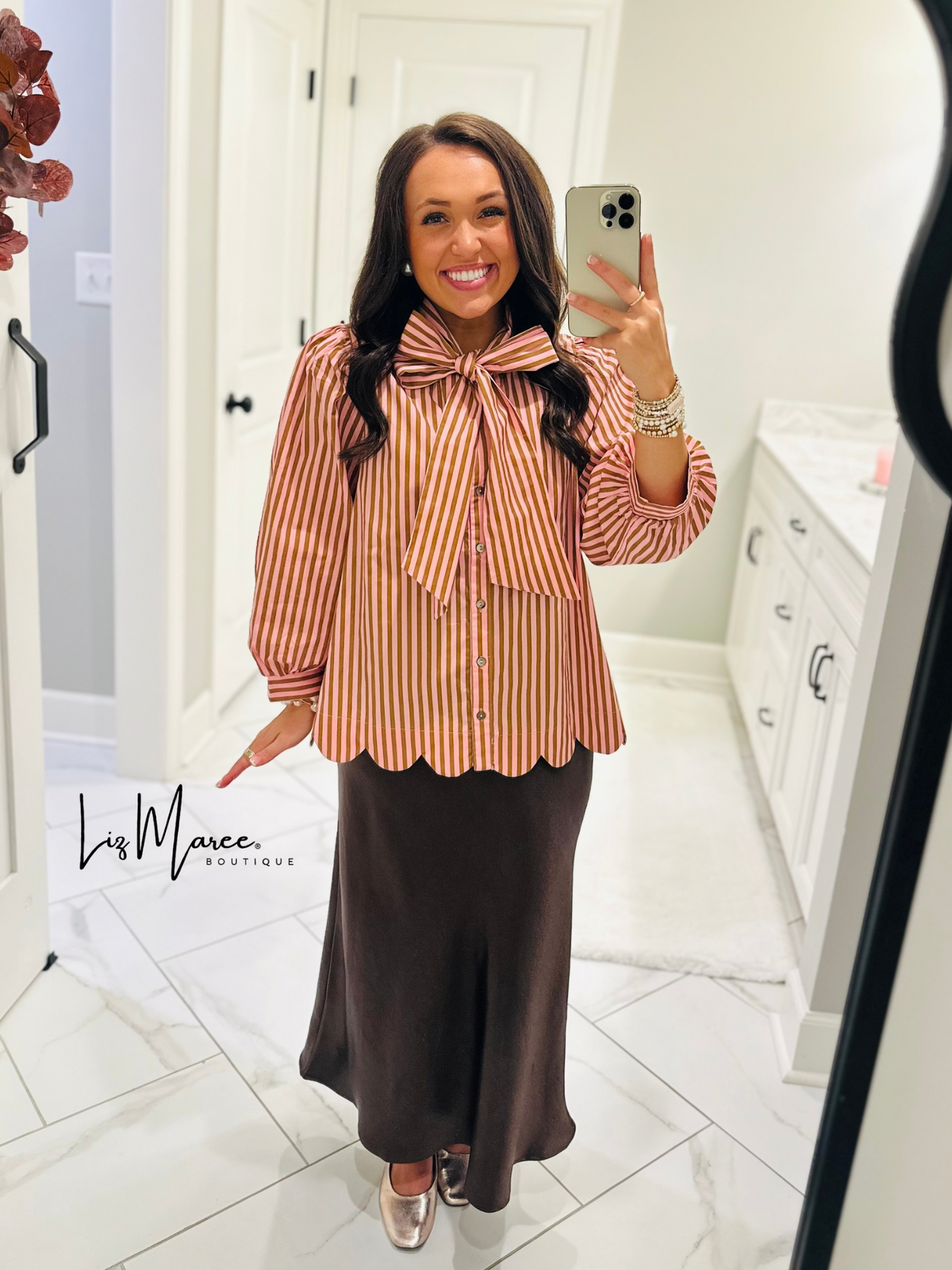The Shelby Pink + Brown Striped Bow Top