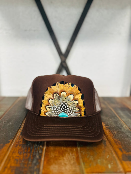 Brown Feather + Turquoise Stone Trucker Hat
