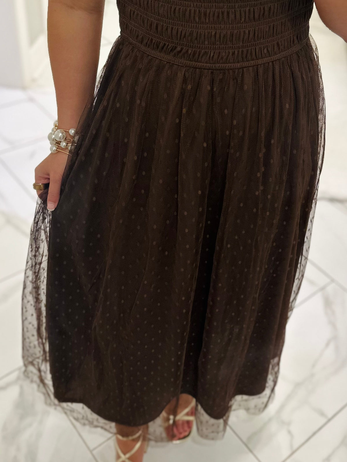 The Autumn Brown Polka Dot Chiffon Midi Dress