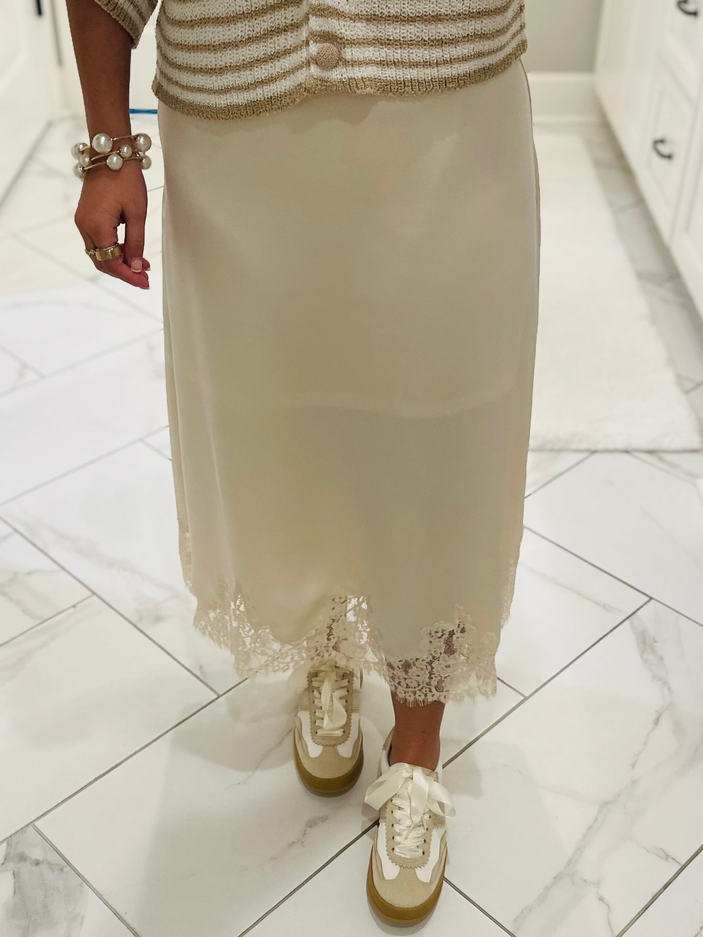 The Dallas Ecru Satin Lace Midi Skirt
