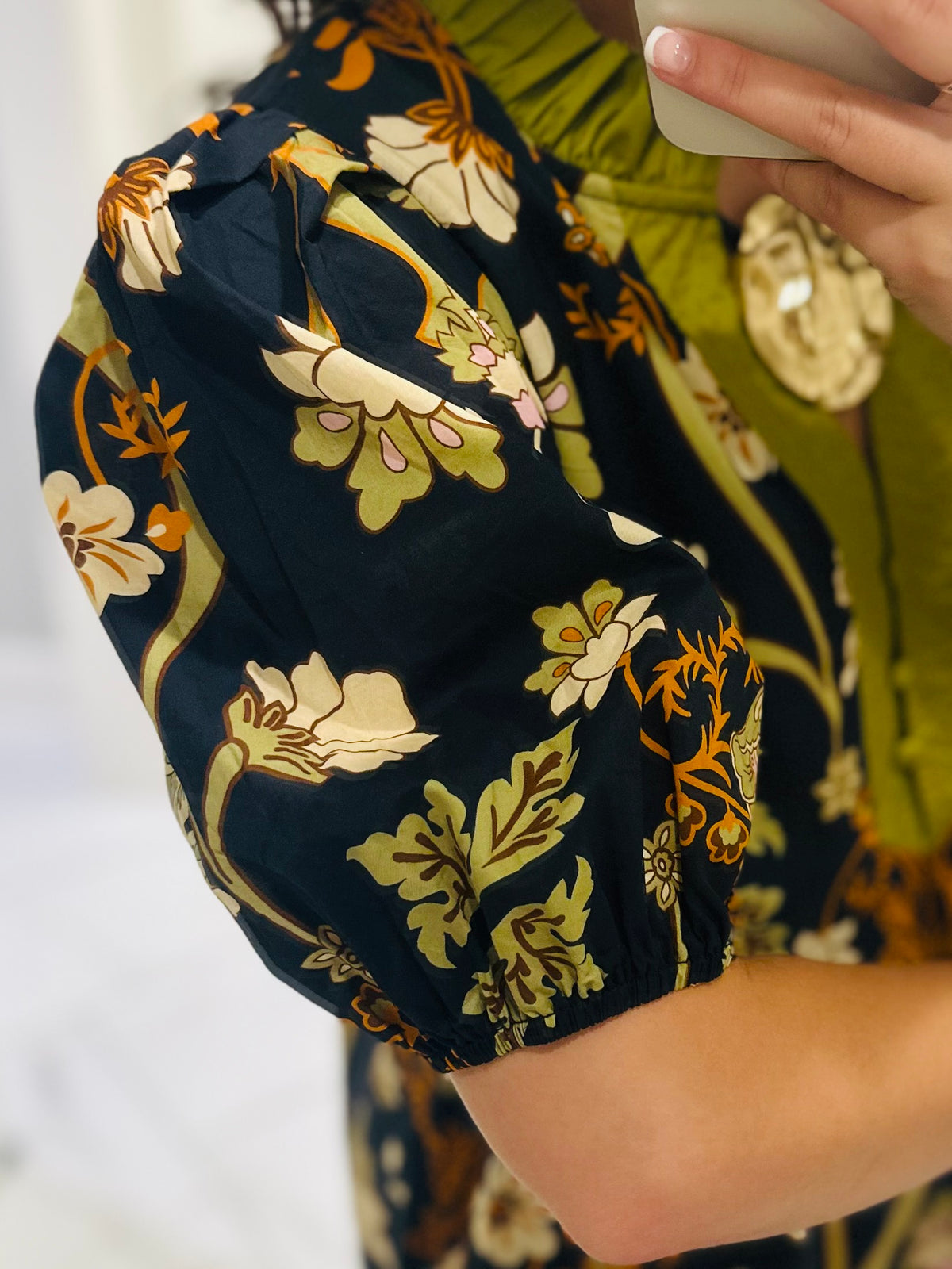 The Francesca Black + Olive Green Floral Midi Dress
