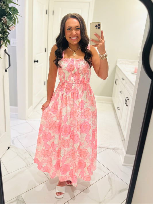 The Sophia Pink Floral Smocked Midi Dress