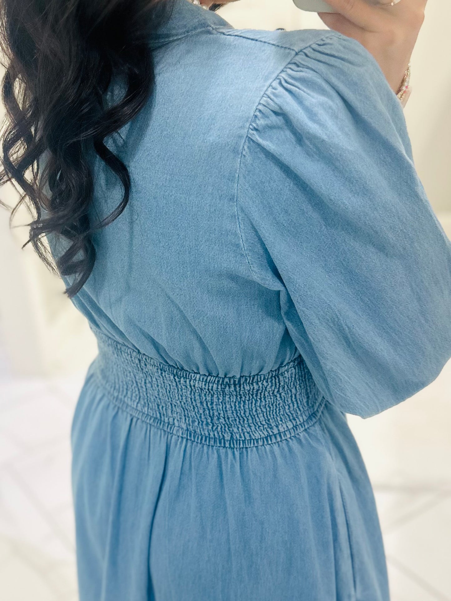 The Libby Denim Light Wash Midi Dress