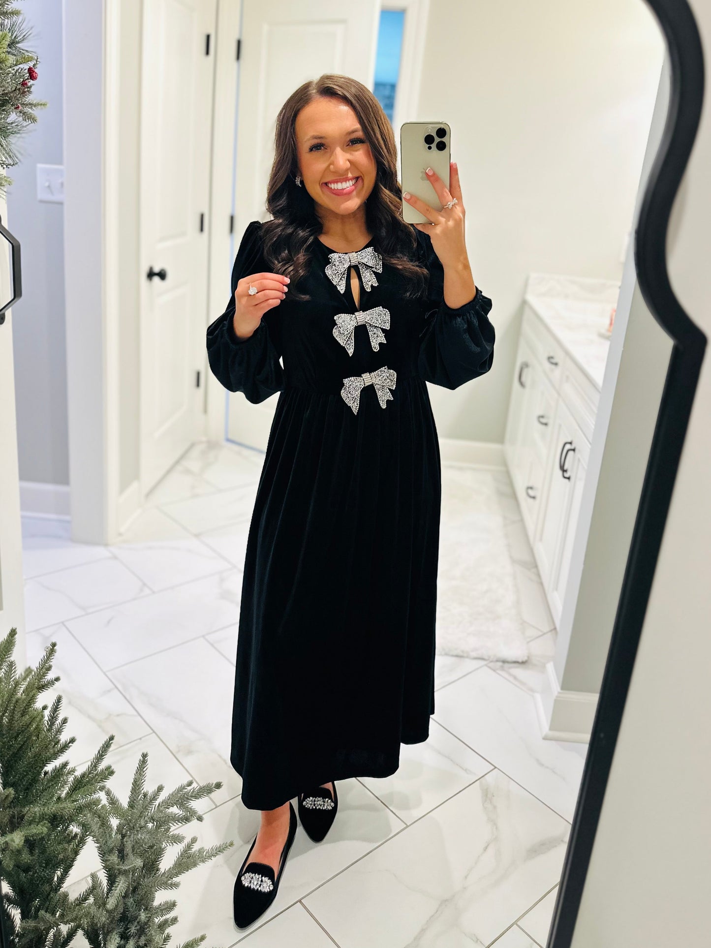 The Jenna Black Velvet Bow Midi Dress