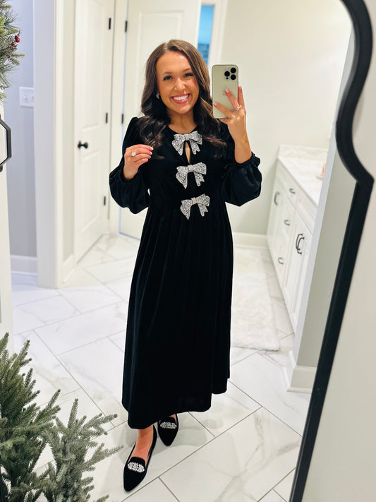 The Jenna Black Velvet Bow Midi Dress