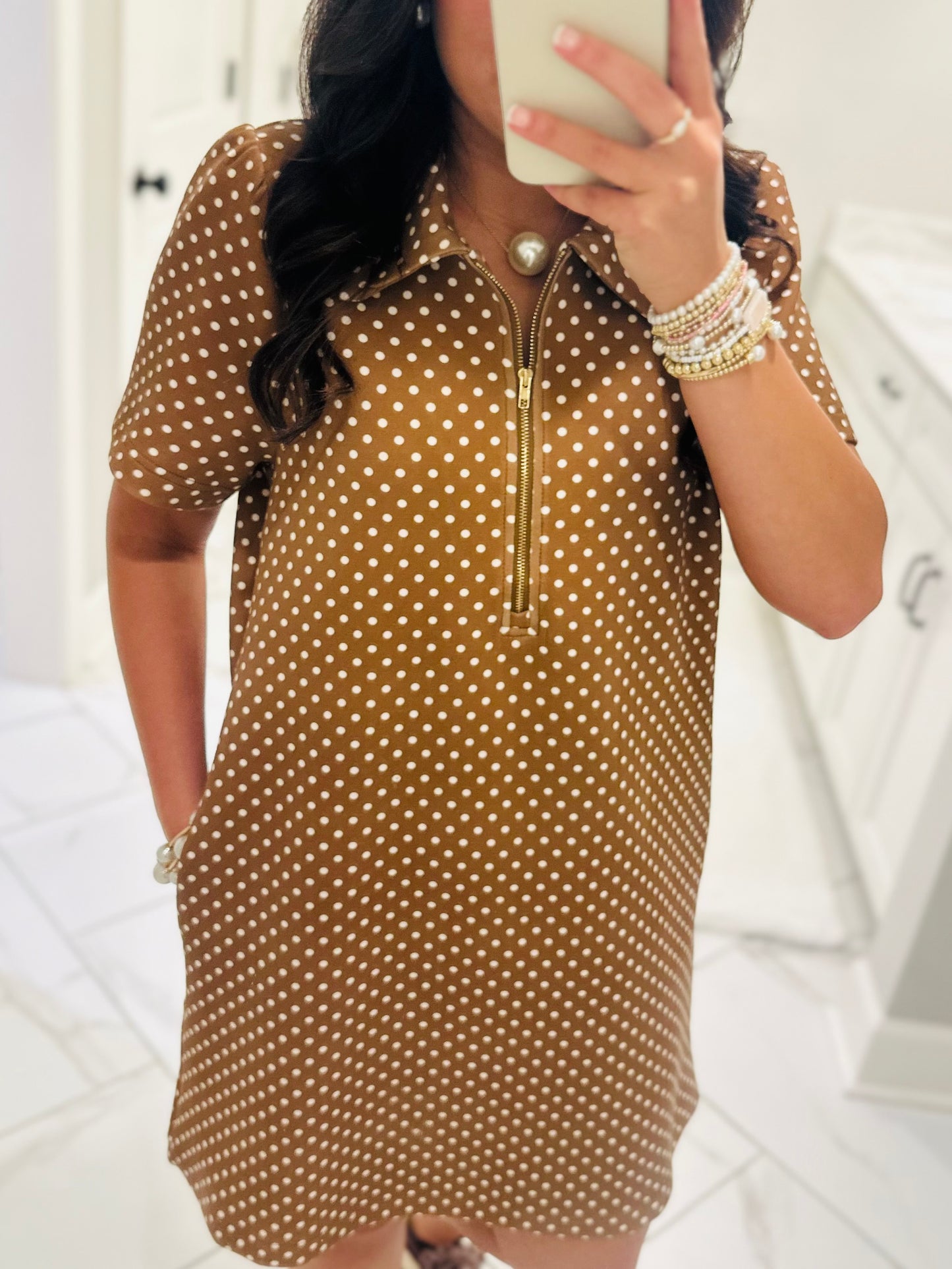 The Hadley Caramel Brown Polka Dot Quarter Zip Dress