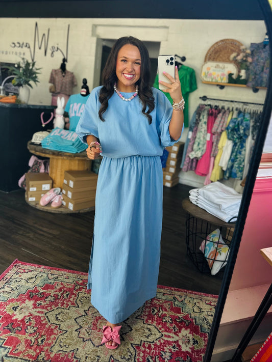 The Brynnlee Blue Knit Top + Skirt Set