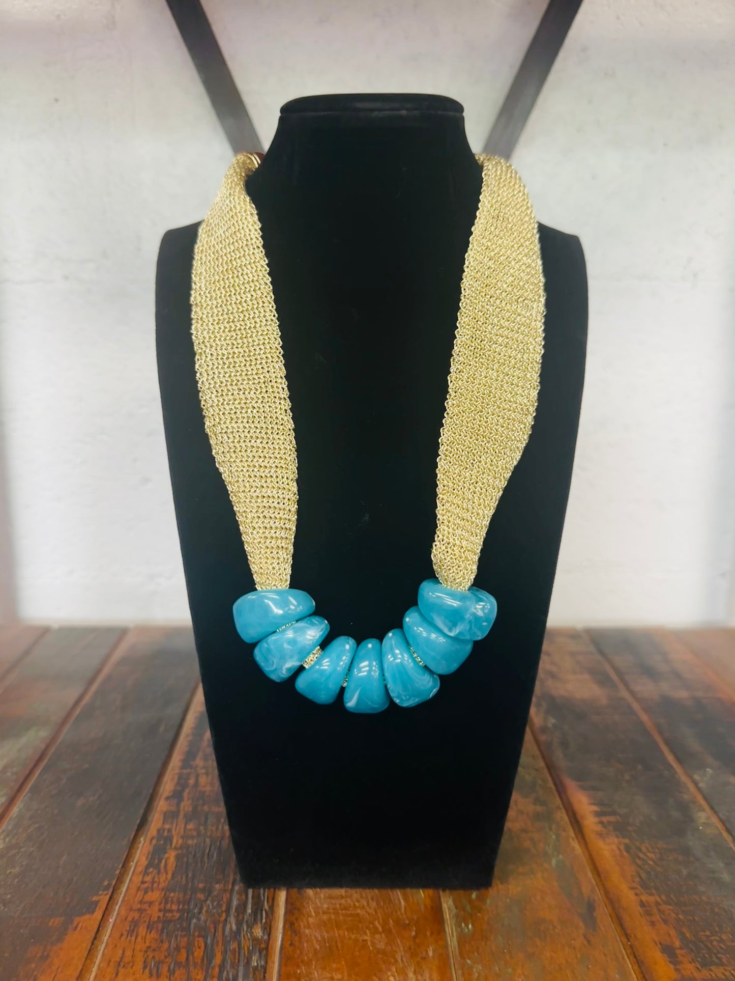 Turquoise + Gold Mesh Fabric Statement Necklace