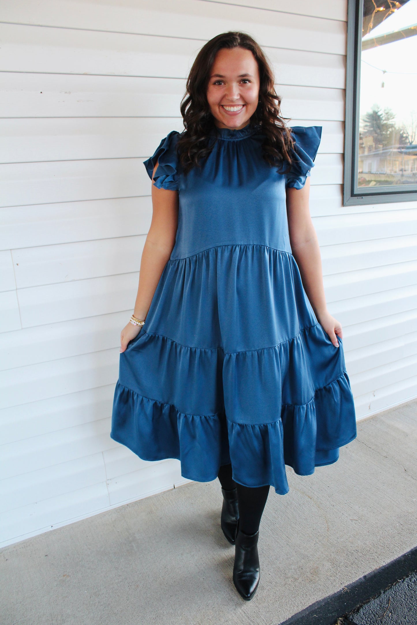 Vintage Blue Tiered Swing Midi Dress