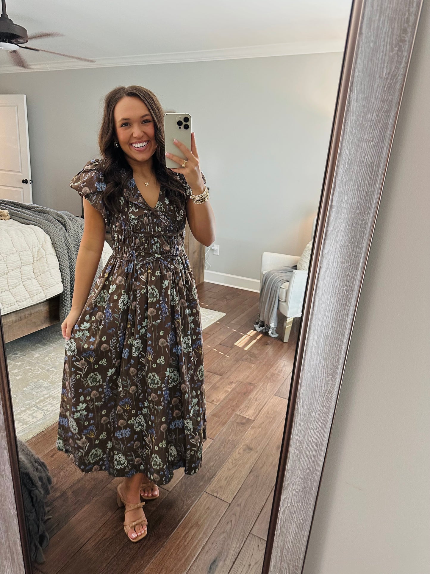 The Stella Brown Floral Bow Front Midi Dress