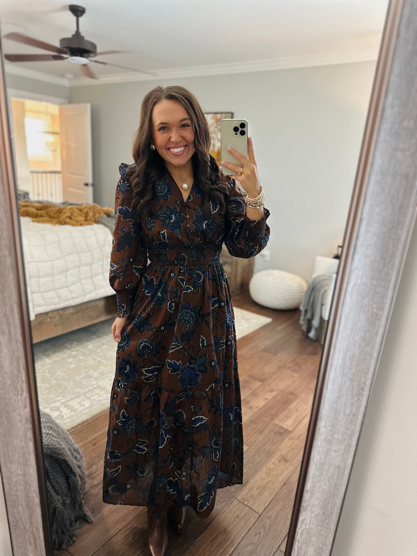 The Marlina Brown + Blue Floral Midi Dress