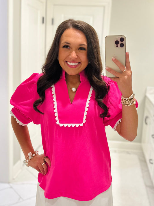 The Faye Hot Pink Scallop Detail Top