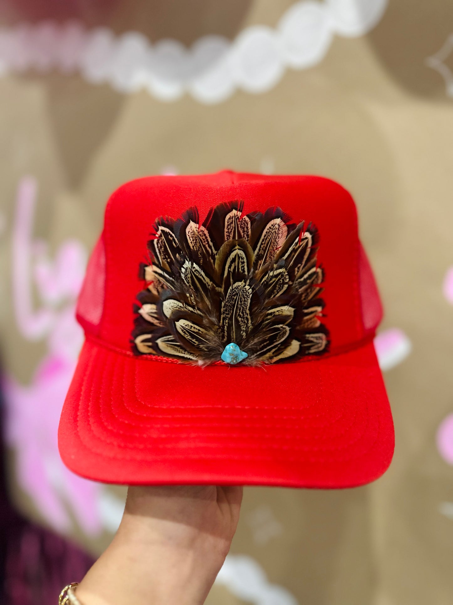 Red Feather + Turquoise Stone Trucker Hat