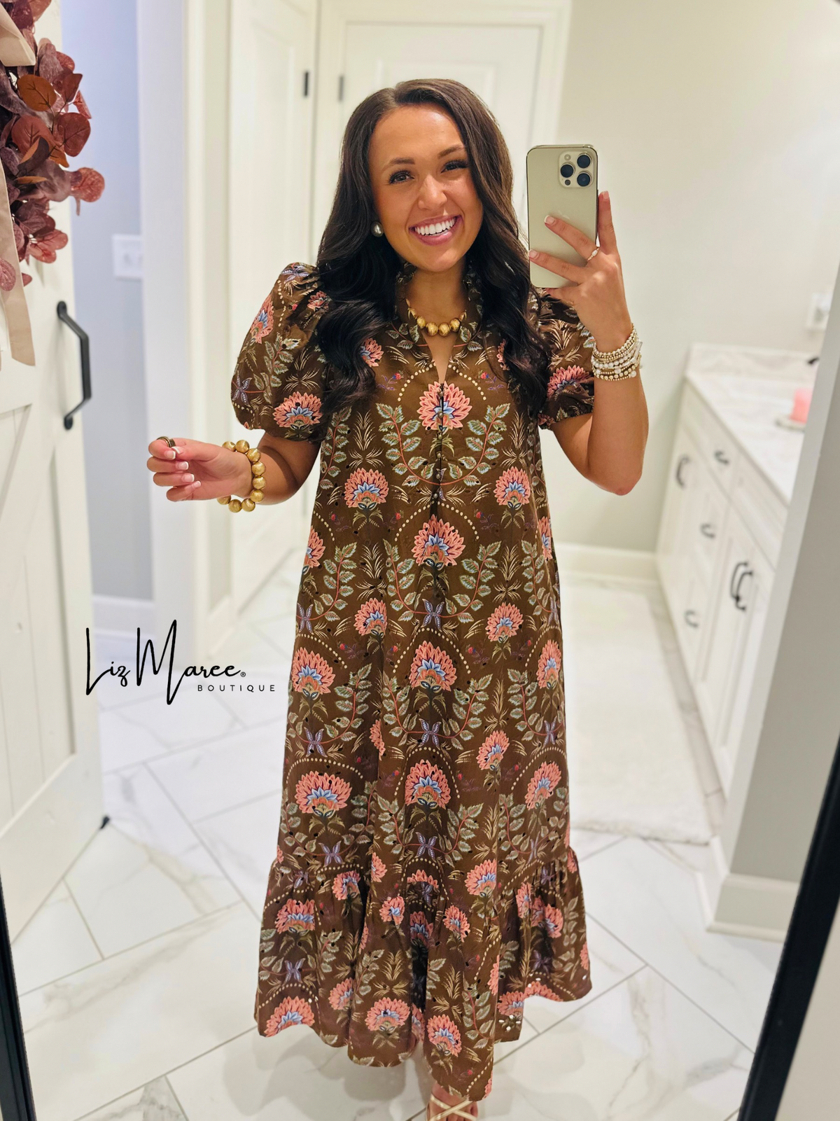 The Katherine Brown Floral Eyelet Midi Dress