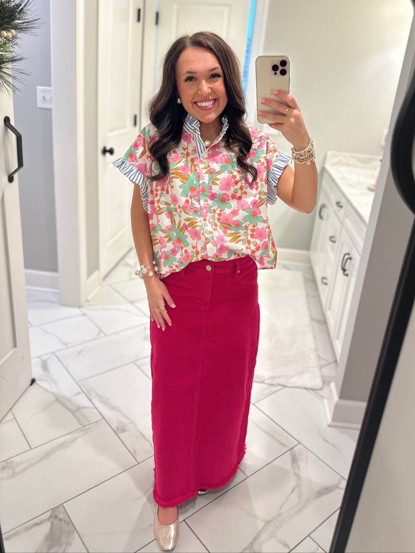 The High Rise Fuchsia Frayed Long Denim Skirt