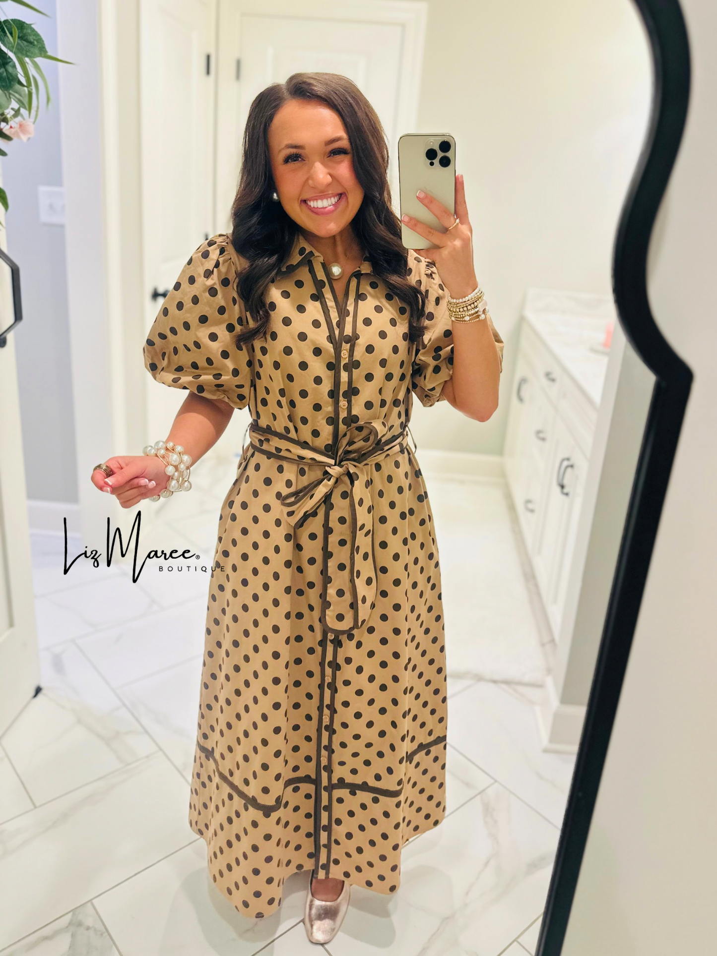 The Tatum Taupe Polka Dot Midi Dress