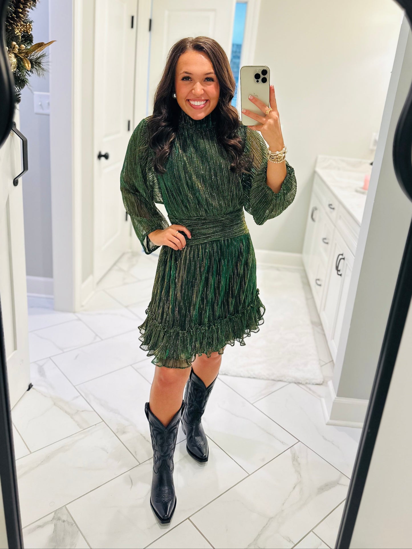 The Dasher Emerald Green Shiny Ruffle Dress