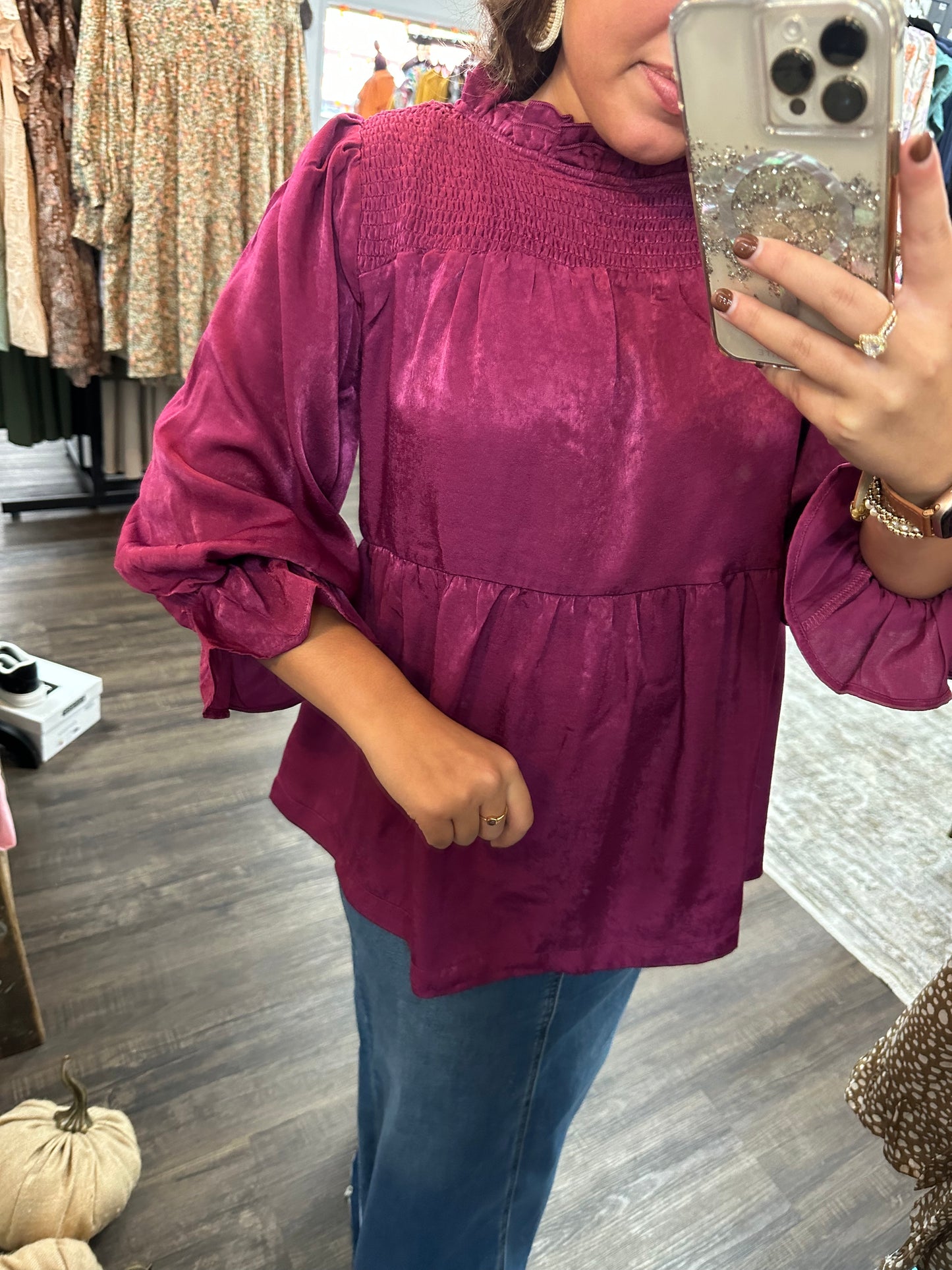 Plum Satin Ruffle Neck Top