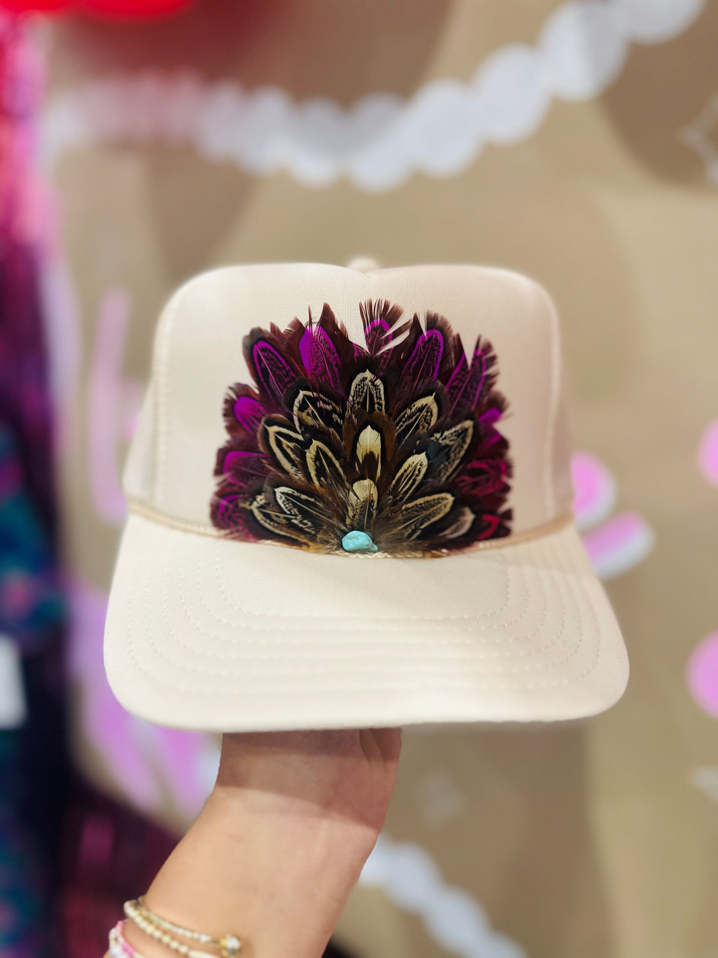Tan + Purple Feather Trucker Hat