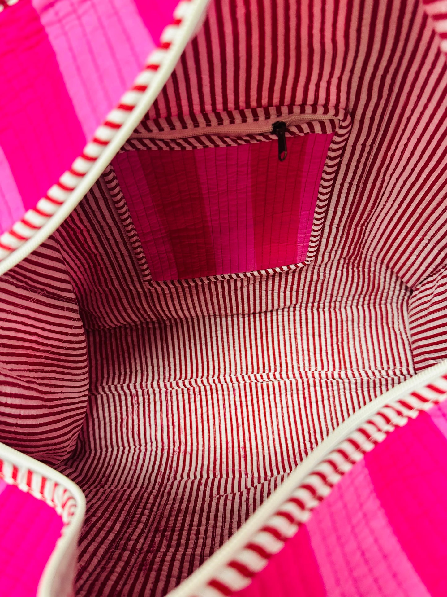The Pink + Red Striped Quilted Tote Bag