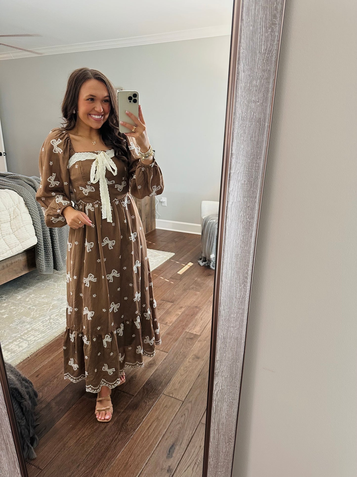 The Bruna Brown Bow Embroidered Midi Dress