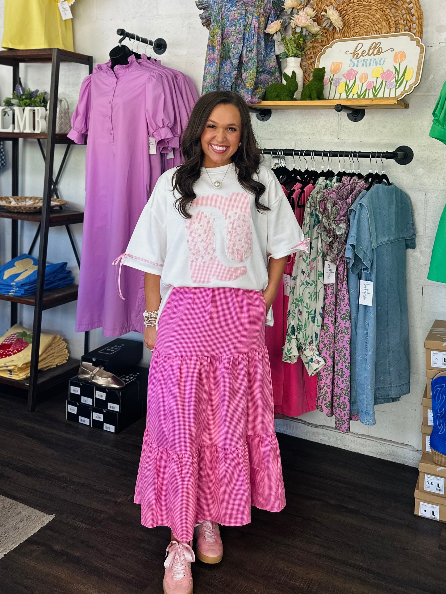 The Paisley Pink Patchwork + Gingham Cowboy Boot Tee