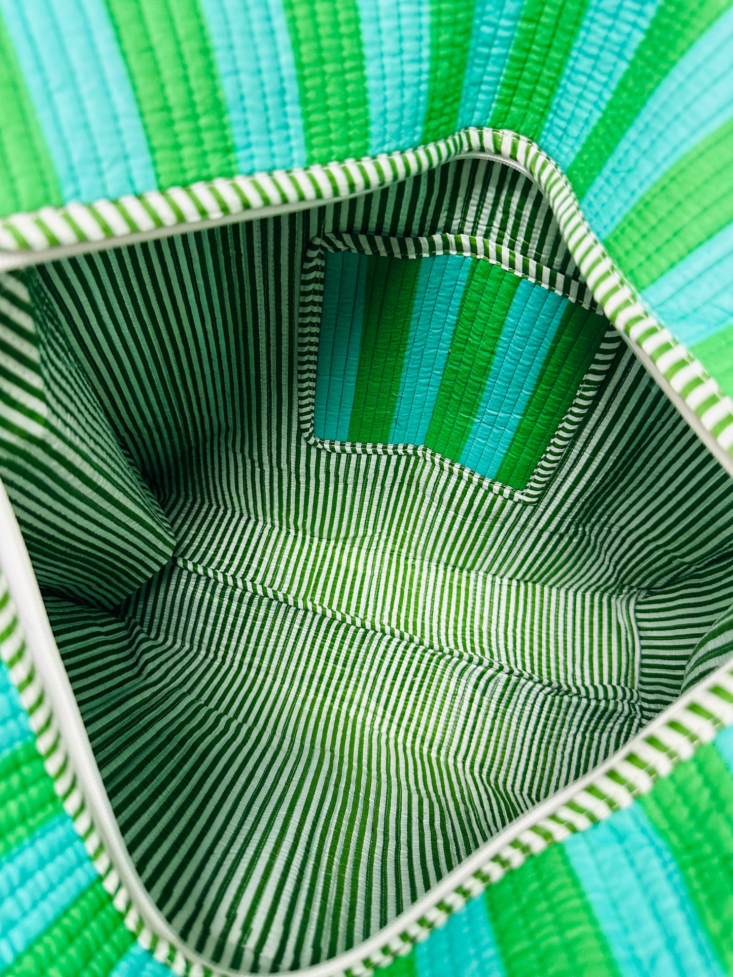 The Teal + Green Striped Quilted Tote Bag