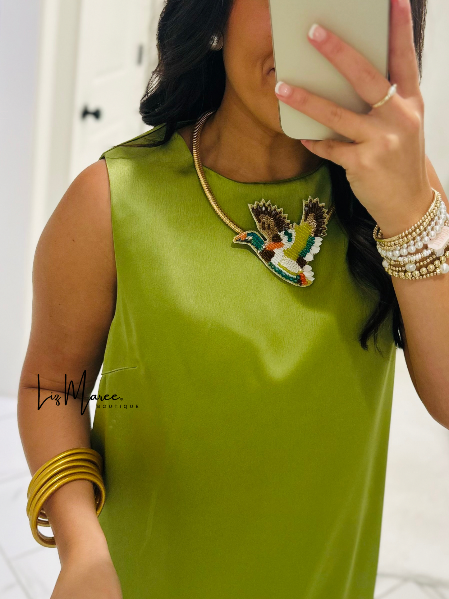 The Lola Olive Green Satin Lace Dress