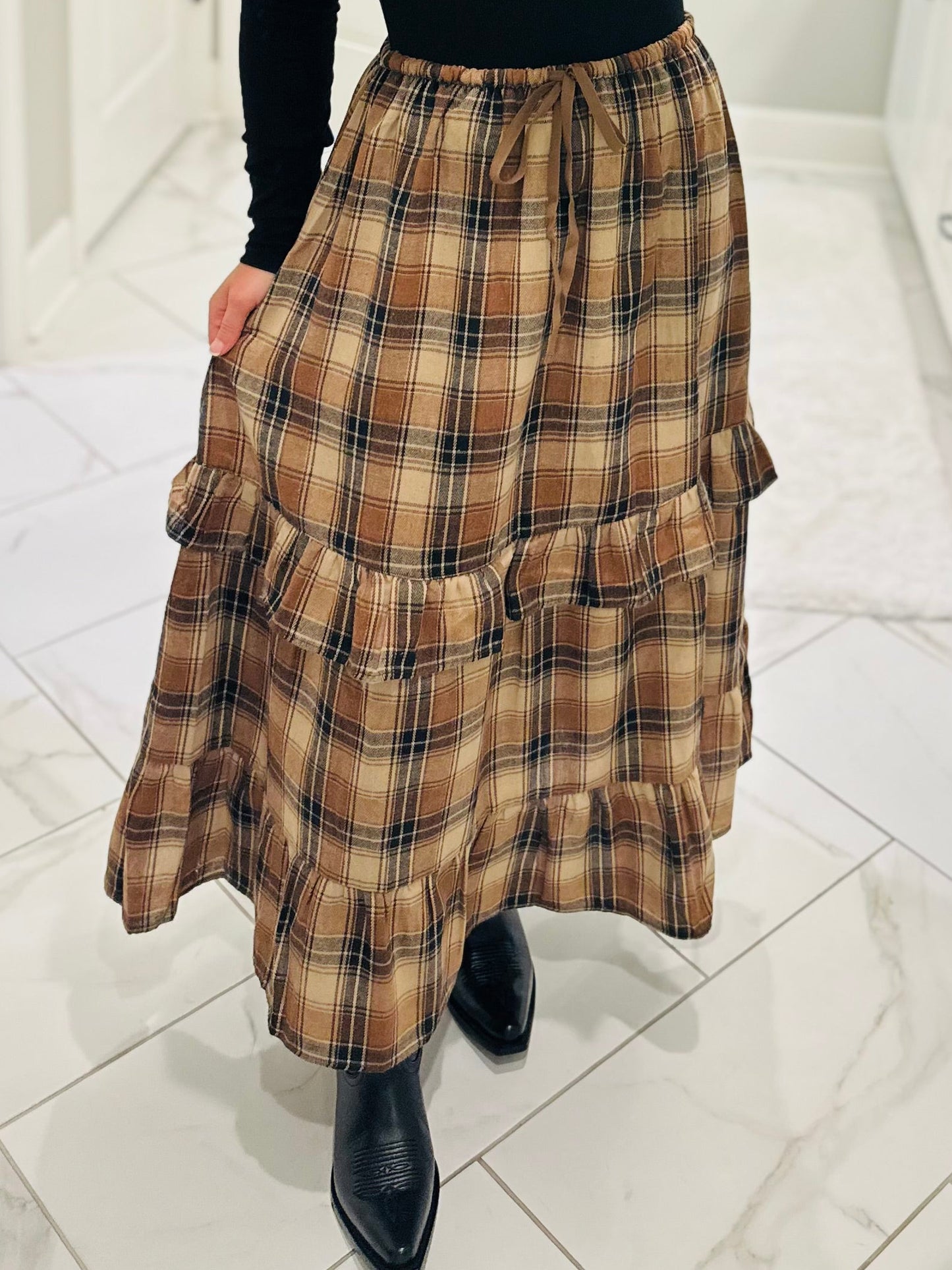 The Raine Mocha Plaid Ruffle Tiered Midi Skirt