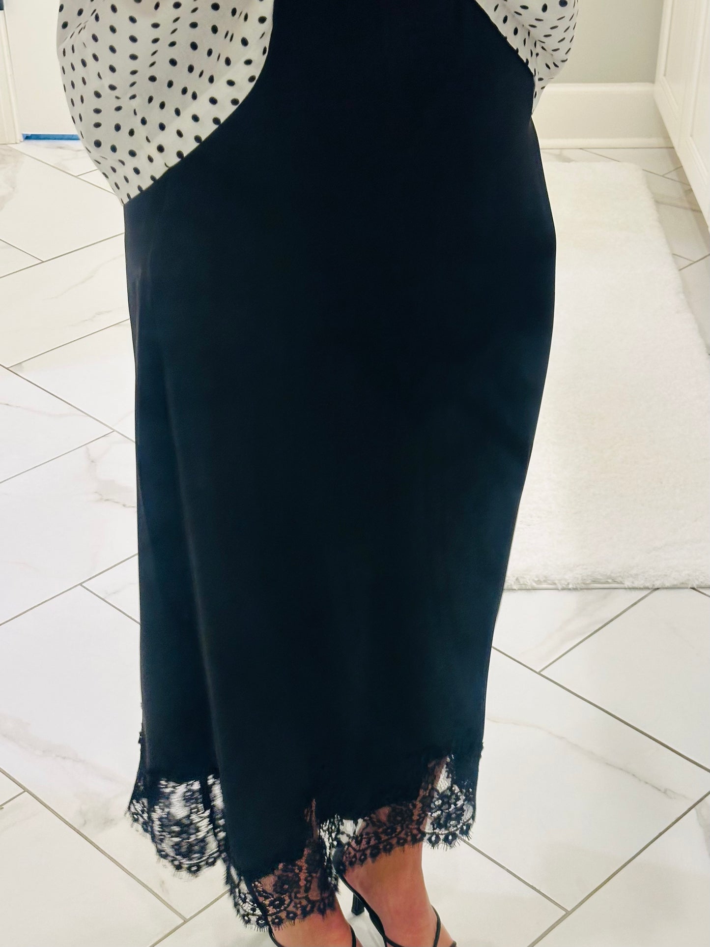 The Dallas Black Satin Lace Midi Skirt