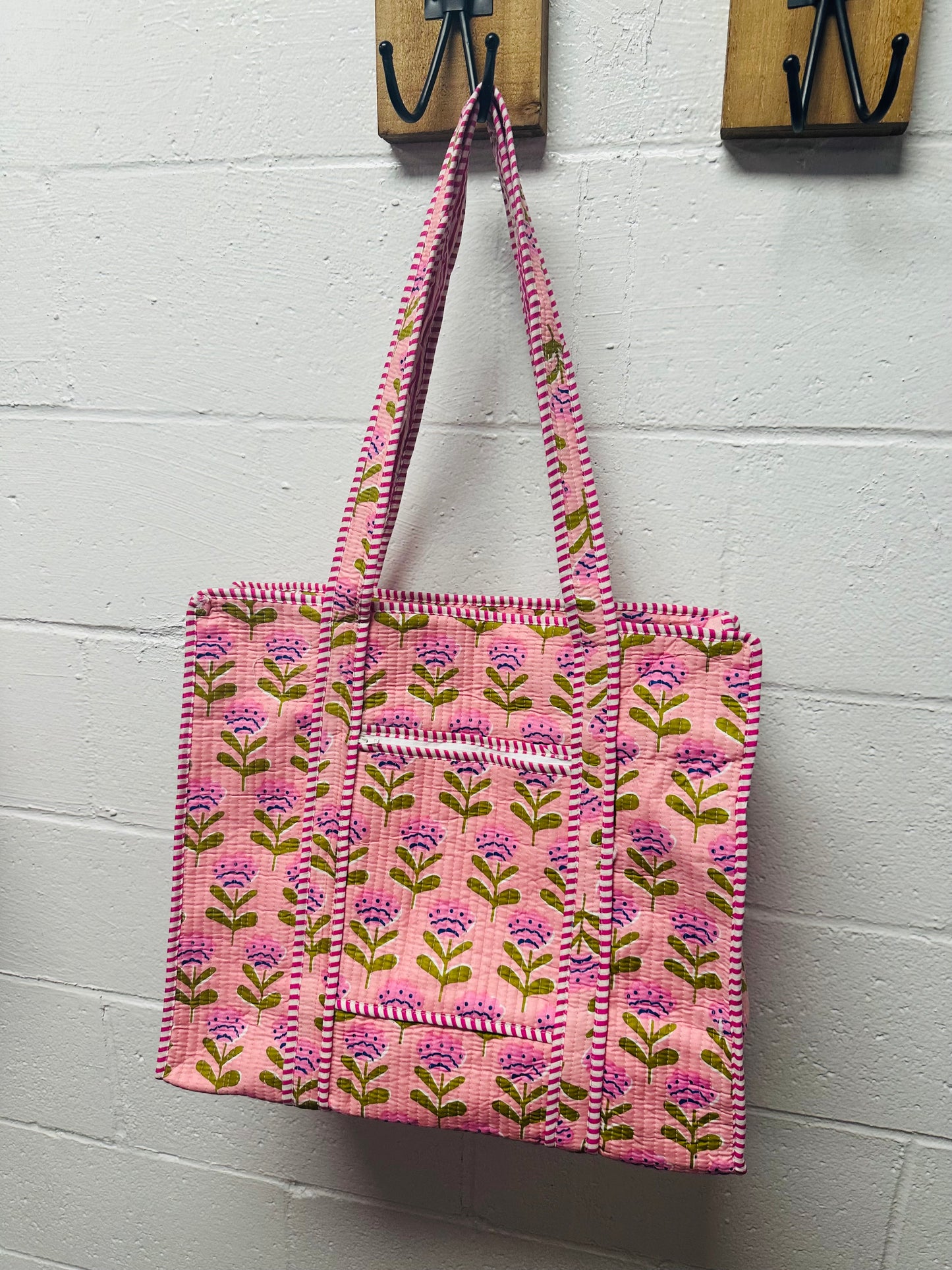 The Pink + Green Floral Quilted Tote Bag