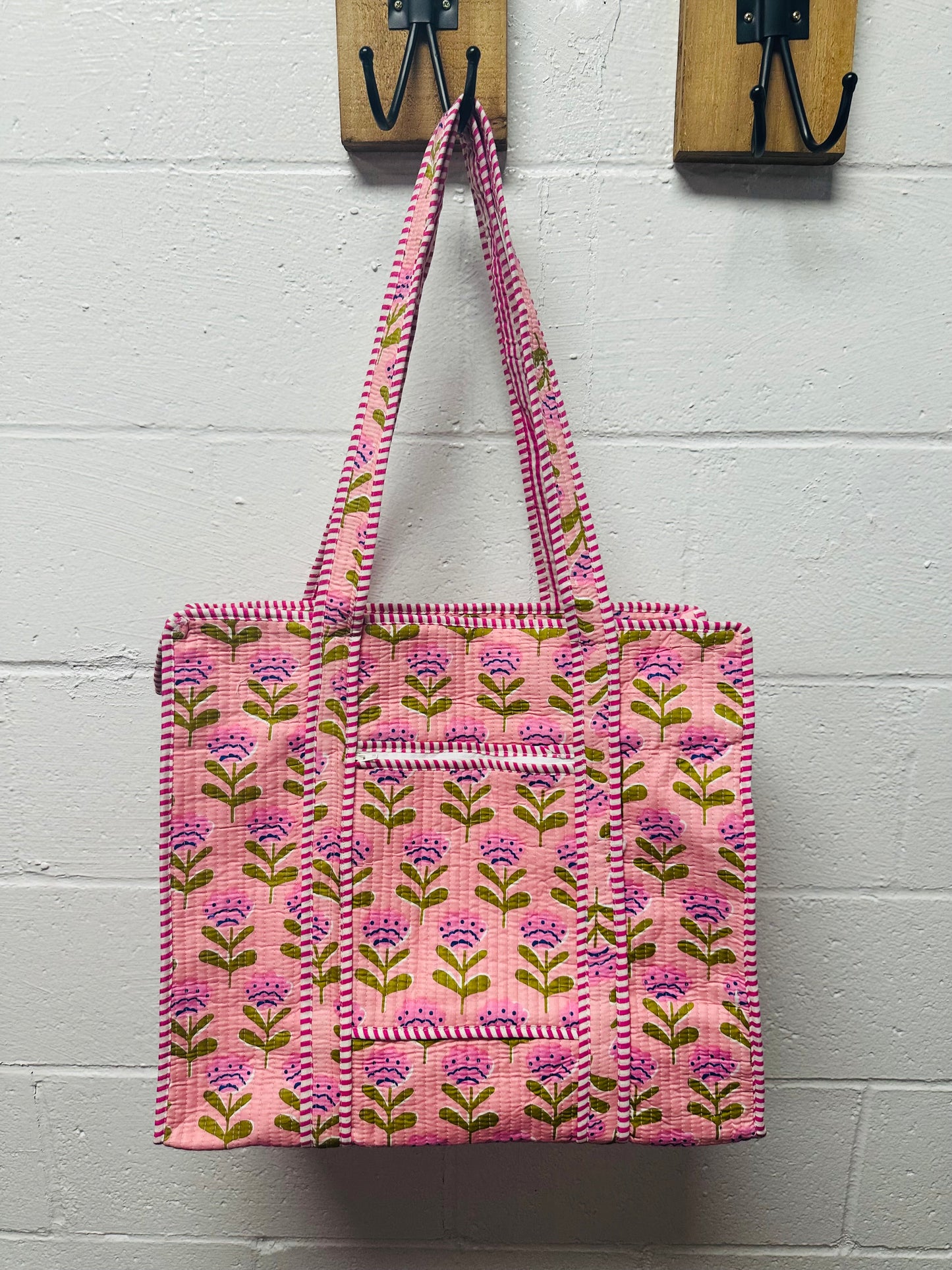 The Pink + Green Floral Quilted Tote Bag