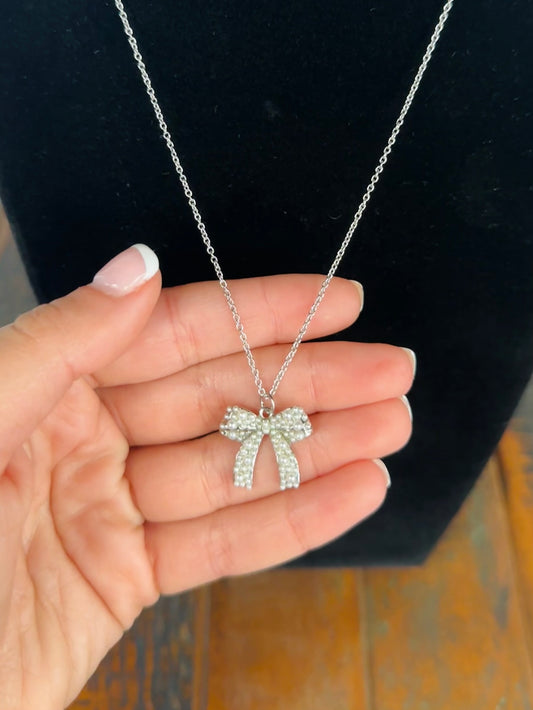 Silver Pearl Bow Pendant Necklace