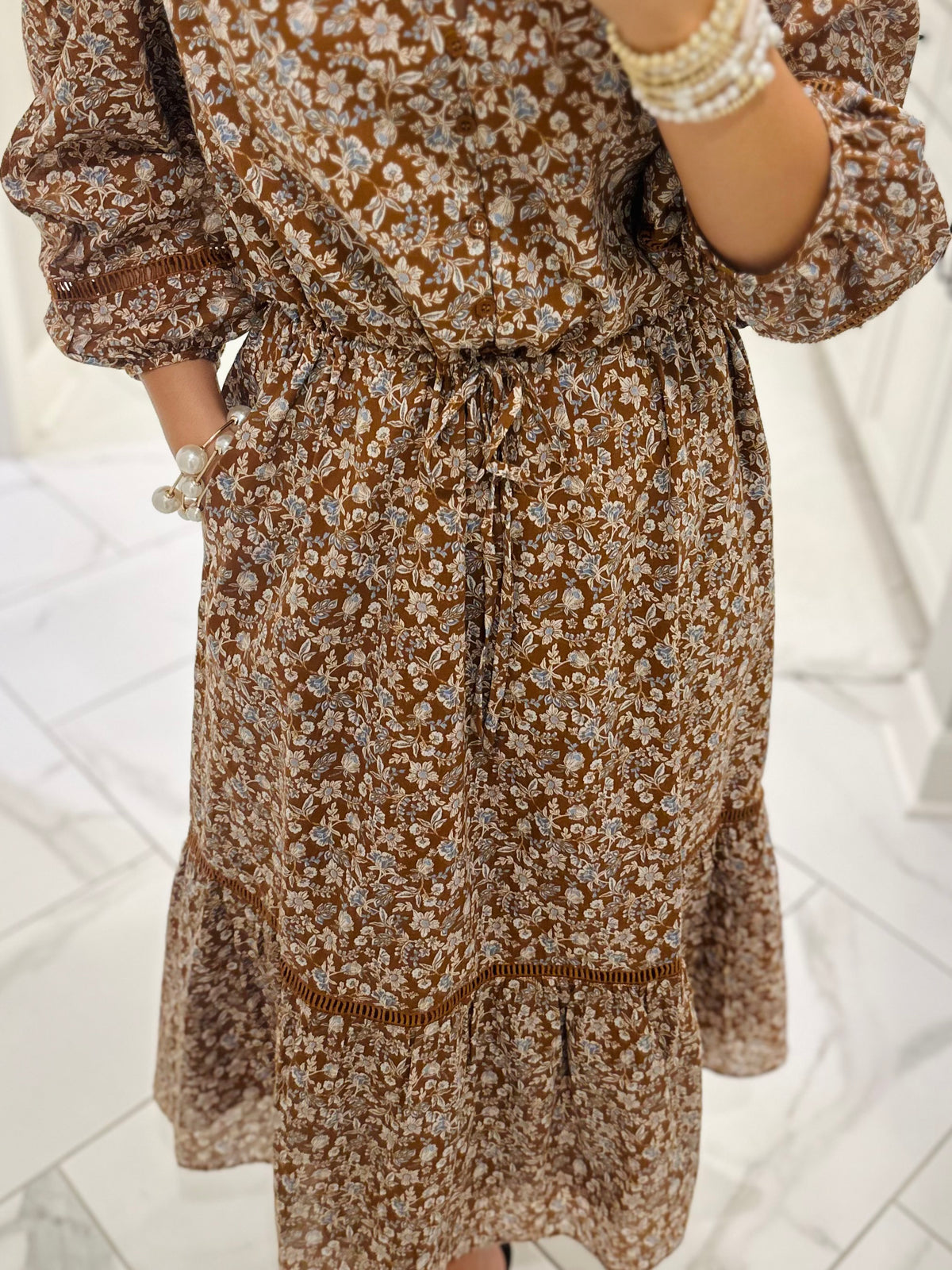 The Ramsey Brown Ditsy Floral Midi Dress