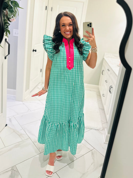 The Maree Green Gingham Midi Dress